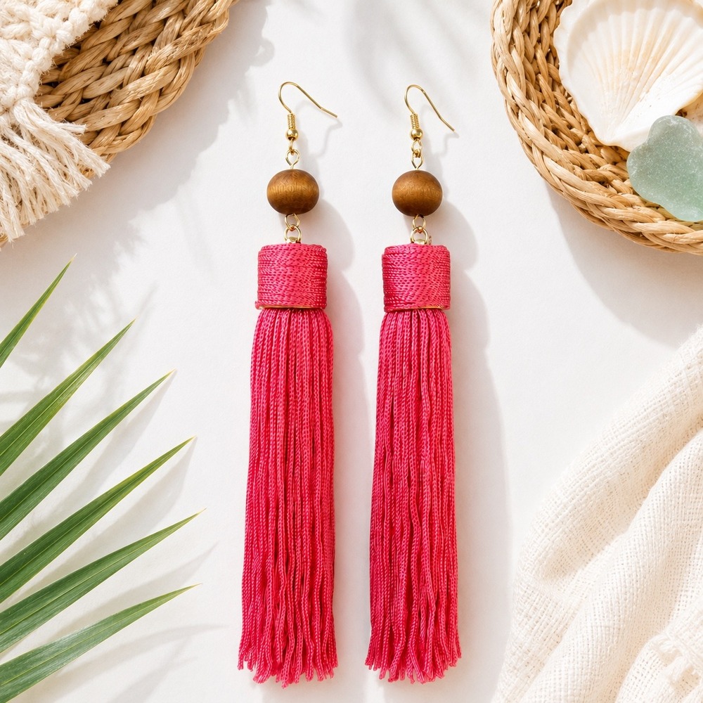 Viola Pink Tassel Drop Earrings Wood Bead Gold Tone Boho Statement Jewelry New